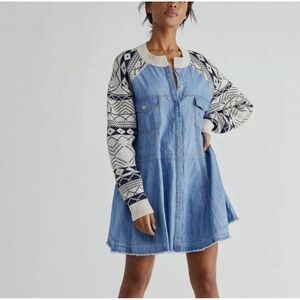 Free People Dominic Denim Mini Dress Knit Sweater Sleeves Button Down size L EUC
